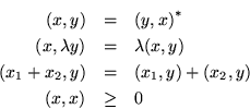 \begin{eqnarray*}
(x,y) & = & {(y,x)}^*\\
(x,\lambda y) & = & \lambda(x,y)\\
(x_1+x_2,y) & = & (x_1,y)+(x_2,y)\\
(x,x) & \geq & 0
\end{eqnarray*}