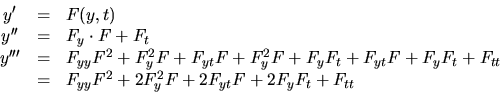 \begin{displaymath}
\begin{array}{ccl}
y^{\prime} & = & F(y,t) \\
y^{\prim...
...& = & F_{yy}F^2+2F_y^2F+2F_{yt}F+2F_yF_t+F_{tt}
\end{array}
\end{displaymath}