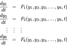 \begin{eqnarray*}
\frac{dy_1}{dt} & = & F_1(y_1,y_2,y_3,\ldots,y_6,t) \\
\f...
...vdots \\
\frac{dy_6}{dt} & = & F_6(y_1,y_2,y_3,\ldots,y_6,t)
\end{eqnarray*}