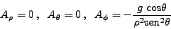 \begin{displaymath}
A_\rho = 0   , \;\; A_\theta = 0   ,\;\; A_\phi = -\frac{g  
\mbox{cos}\theta}{\rho^2 \mbox{sen}^2 \theta}
\end{displaymath}