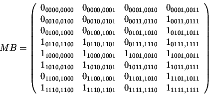\begin{displaymath}
MB = \left (
\begin{array}{cccc}
0_{0000,0000} & 0_{0000...
...,1101} & 0_{1111,1110} & 1_{1111,1111}
\end{array}
\right )
\end{displaymath}