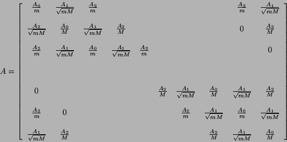 \begin{displaymath}
A = \left [\begin{array}{ccccccccccc}
\frac{A_{0}}{m} & \f...
...rac{A_{1}}{\sqrt{mM}} & \frac{A_{0}}{M}
\end{array} \right ]
\end{displaymath}